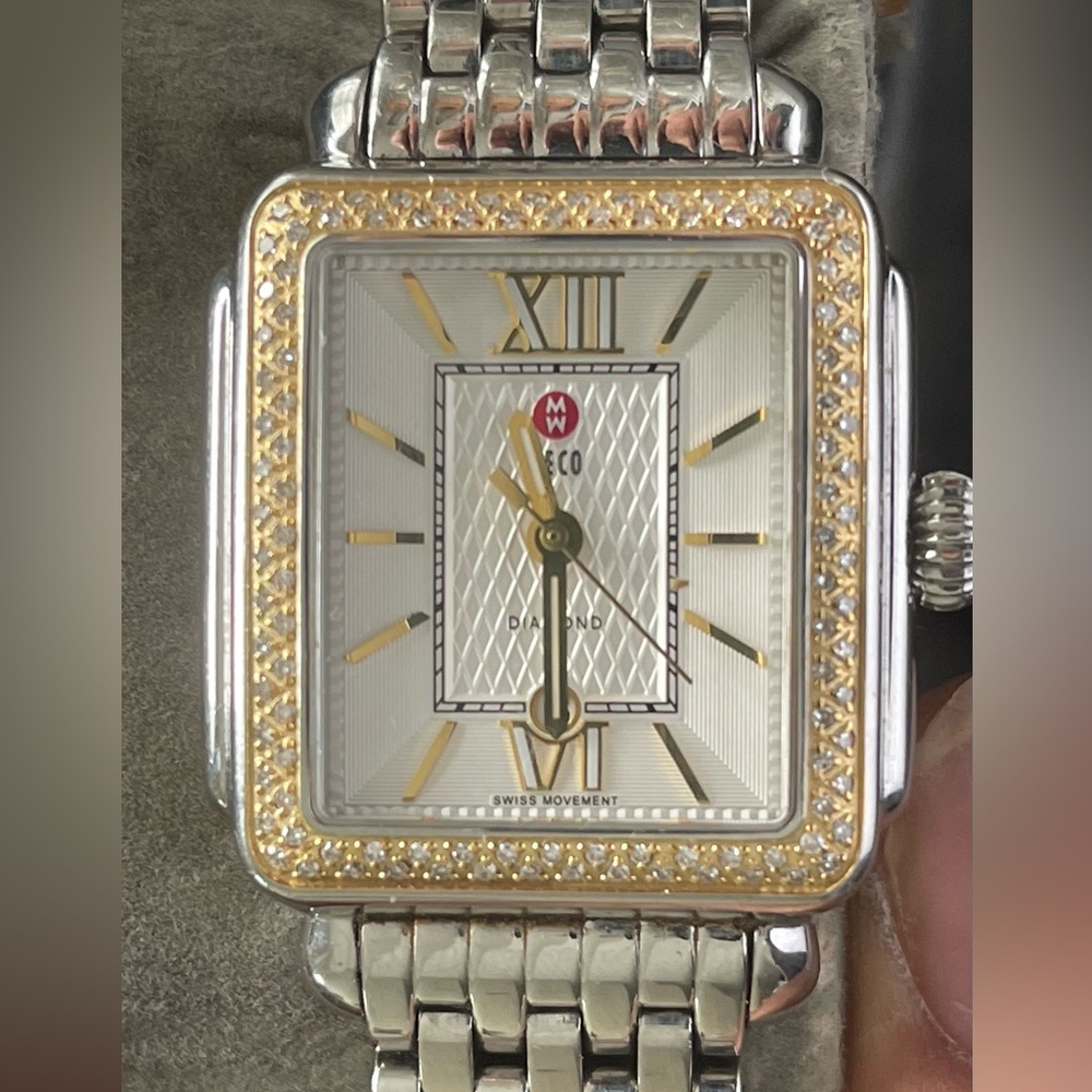Michele Deco Gold & Mid Stainless Steel Diamond Rectangle Womens Watch